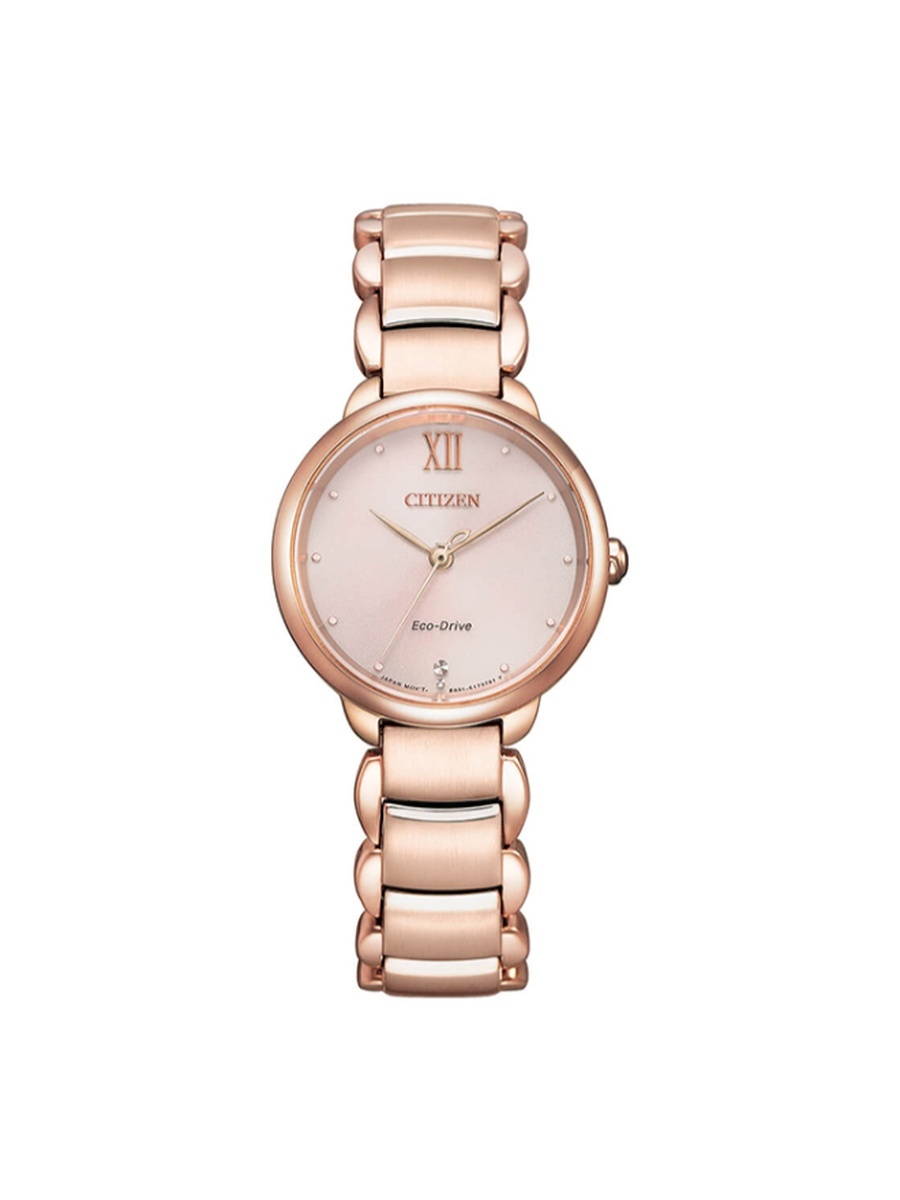 L Women Eco-Drive Light Powered Movement Watch, Analog Display and Stainless Steel Sakura Pink Gold Plating Strap - EM0922-81X