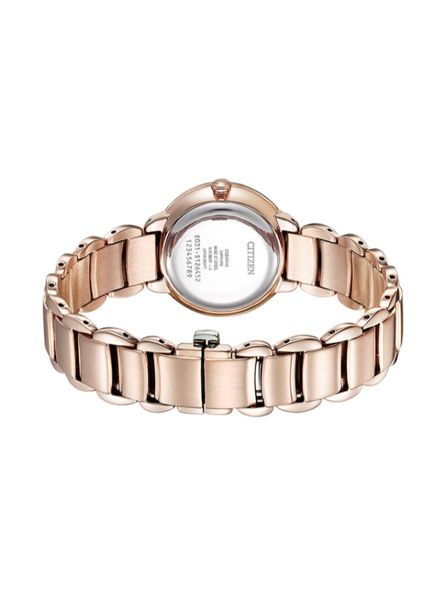 L Women Eco-Drive Light Powered Movement Watch, Analog Display and Stainless Steel Sakura Pink Gold Plating Strap - EM0922-81X