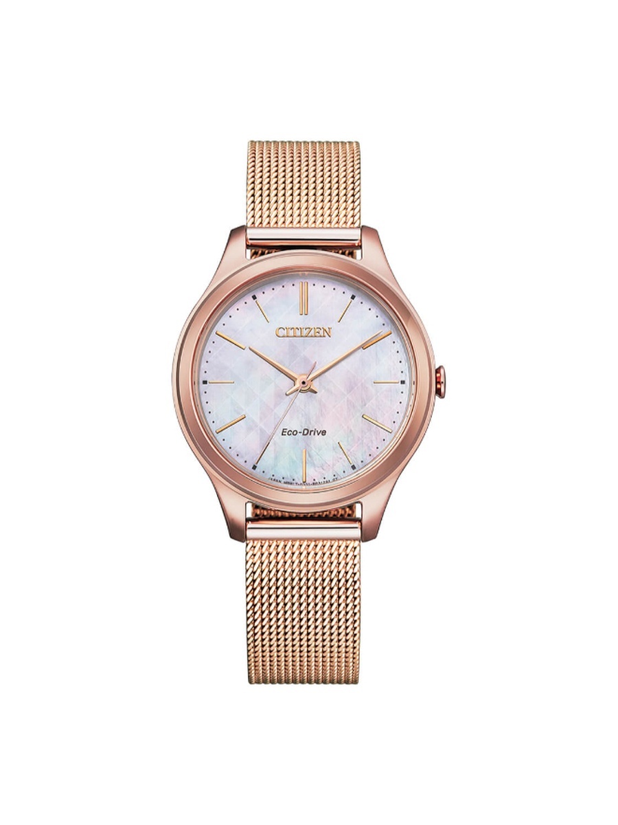 Women Eco-Drive Light Powered Movement Watch, Analog Display and Stainless Steel Mesh Strap - EM0508-80Y, Rose Gold