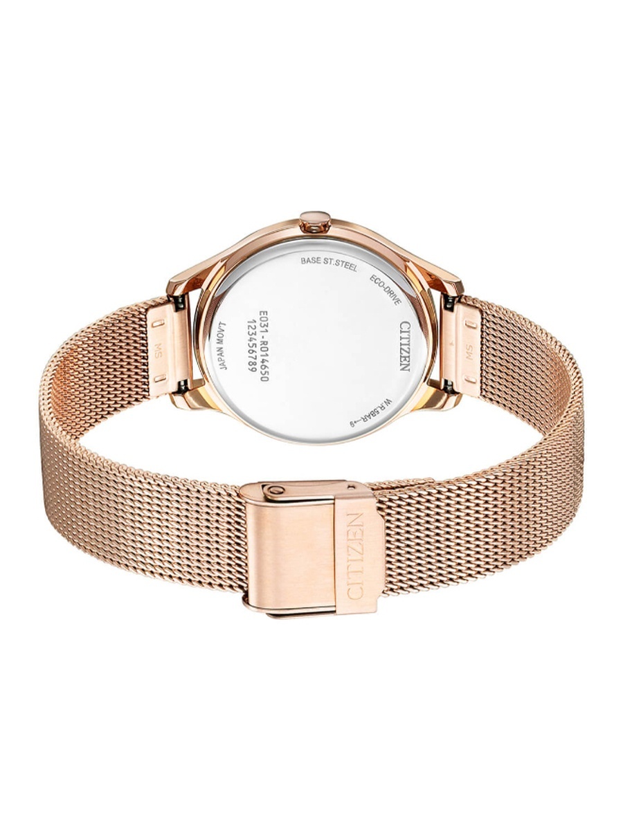 Women Eco-Drive Light Powered Movement Watch, Analog Display and Stainless Steel Mesh Strap - EM0508-80Y, Rose Gold