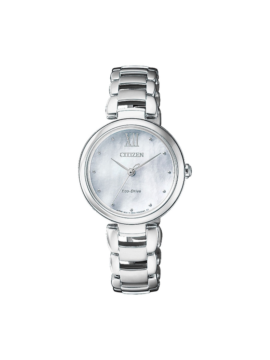 L Women Eco-Drive Light Powered Movement Watch, Analog Display and Stainless Steel Strap - EM0530-81D, Silver