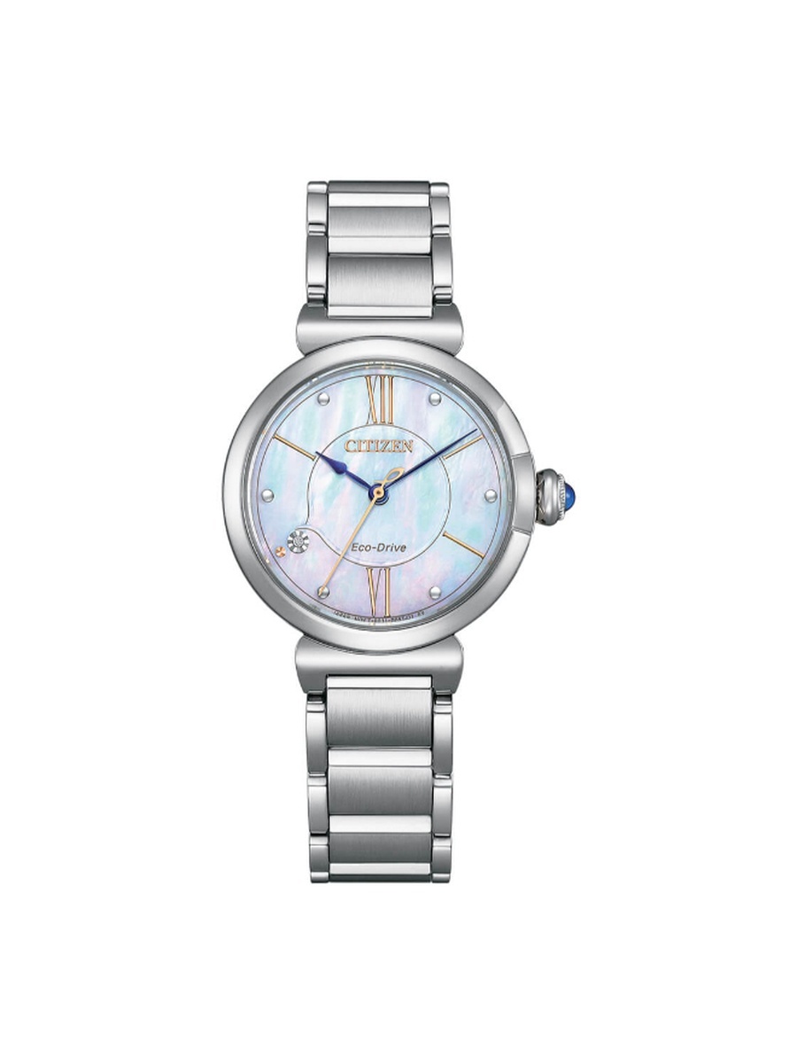 L MAY BELLS Women Eco-Drive Light Powered Movement Analog Display Watch with Stainless Steel Strap - EM1070-83D, Silver
