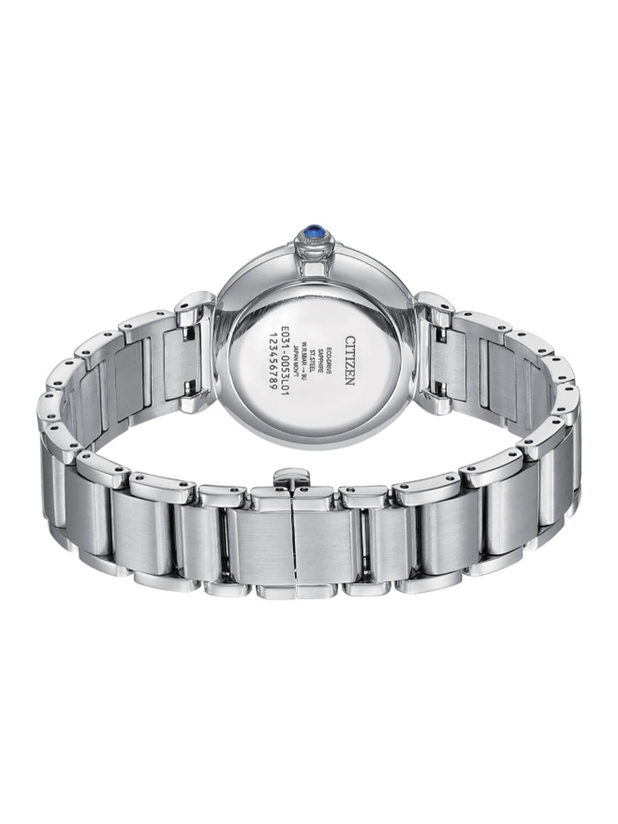 L MAY BELLS Women Eco-Drive Light Powered Movement Analog Display Watch with Stainless Steel Strap - EM1070-83D, Silver