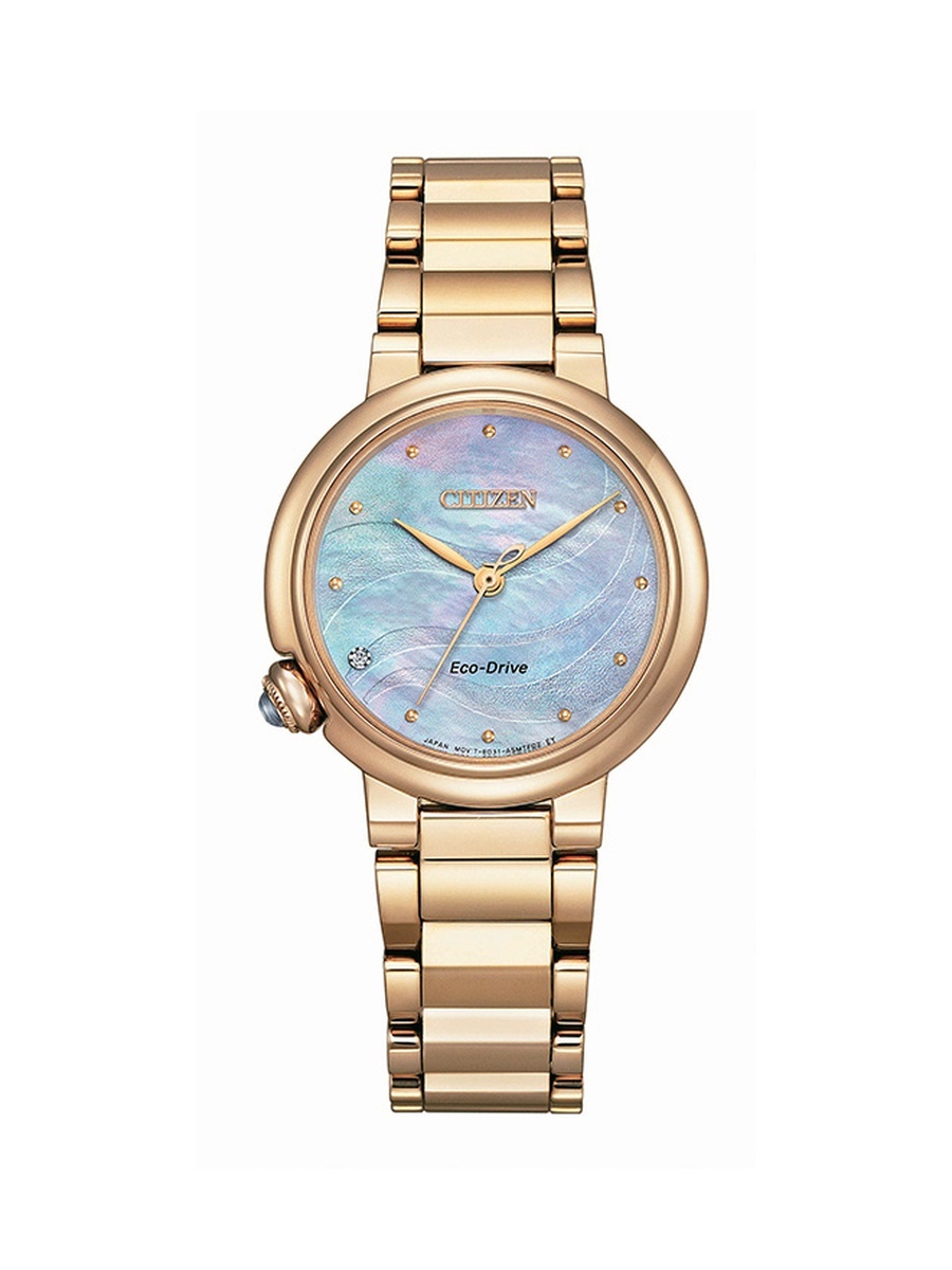L Women Eco-Drive Light Powered Movement Watch, Analog Display with Stainless Steel Gold Plating Strap - EM0919-85Y, Gold