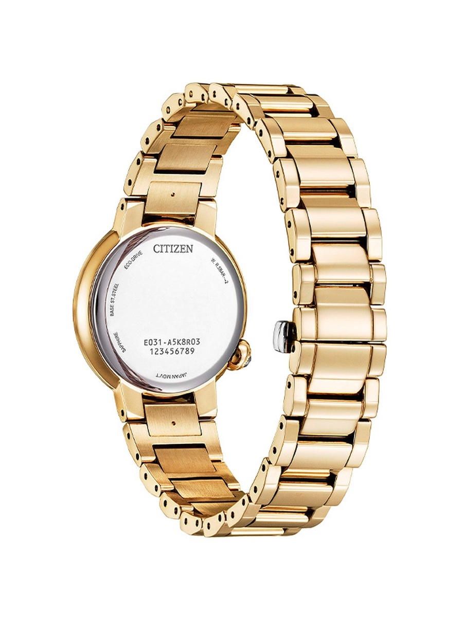 L Women Eco-Drive Light Powered Movement Watch, Analog Display with Stainless Steel Gold Plating Strap - EM0919-85Y, Gold