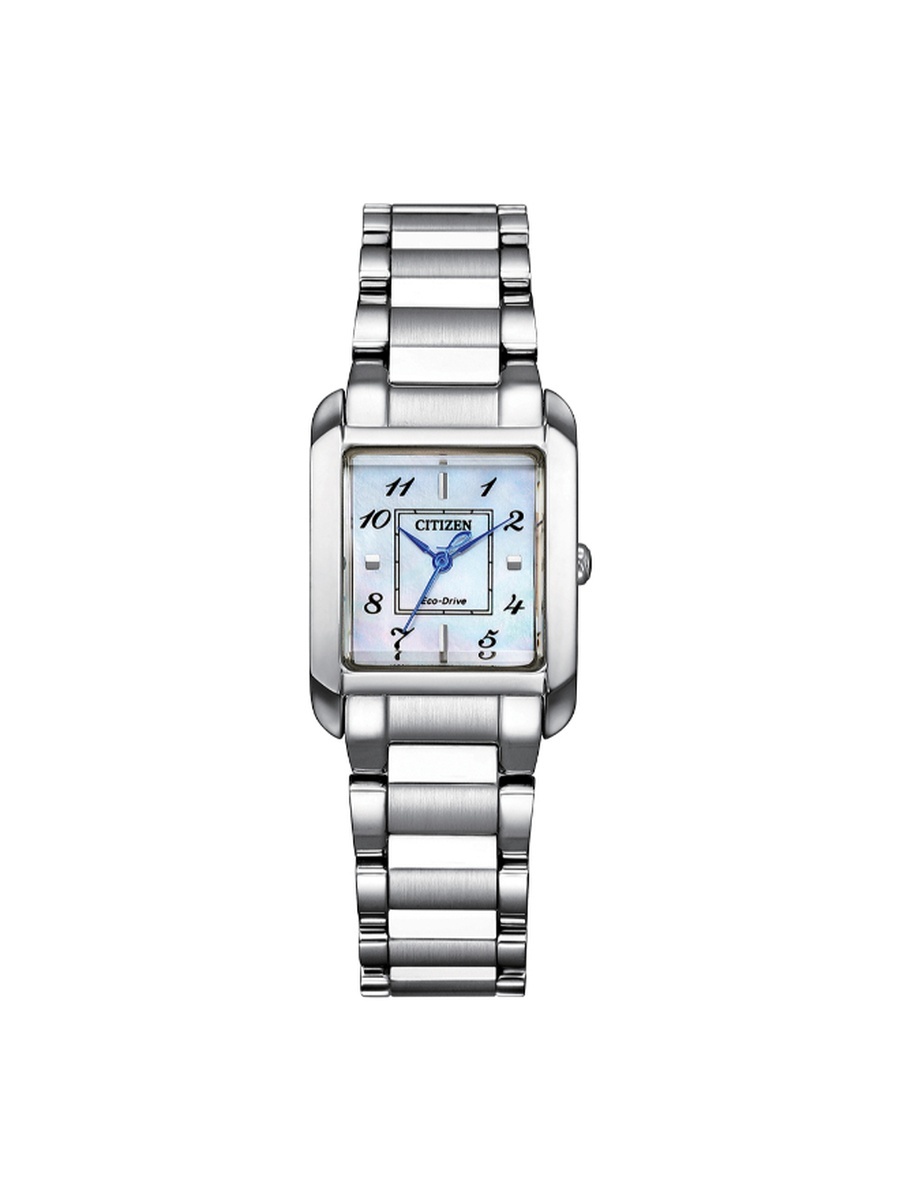 L Women Eco-Drive Light Powered Movement Analog Display Watch with Stainless Steel Strap - EW5600-87D, Silver