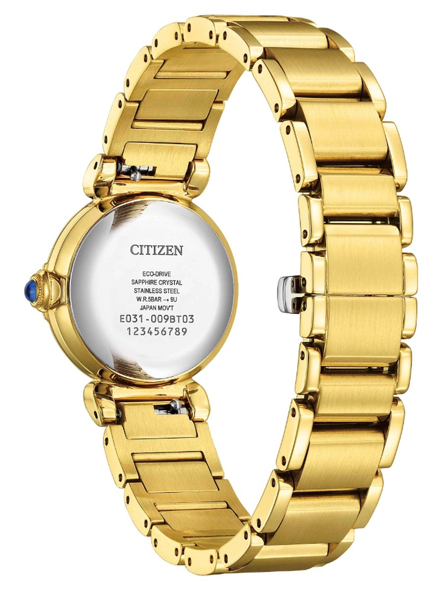 L Standard Women Eco-Drive Light Powered Movement Analog Display Watch with Gold Plating Stainless Steel Strap - EM1132-88H, Gold