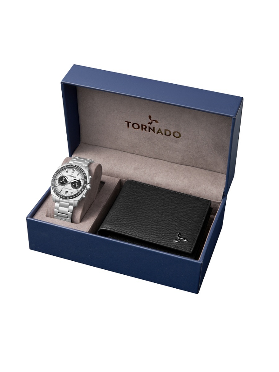Gift Set - Men Seiko VK64 Movement Watch with Chronograph Display and Stainless Steel Brushed Links Strap - T25104S-SBSW-B, Silver