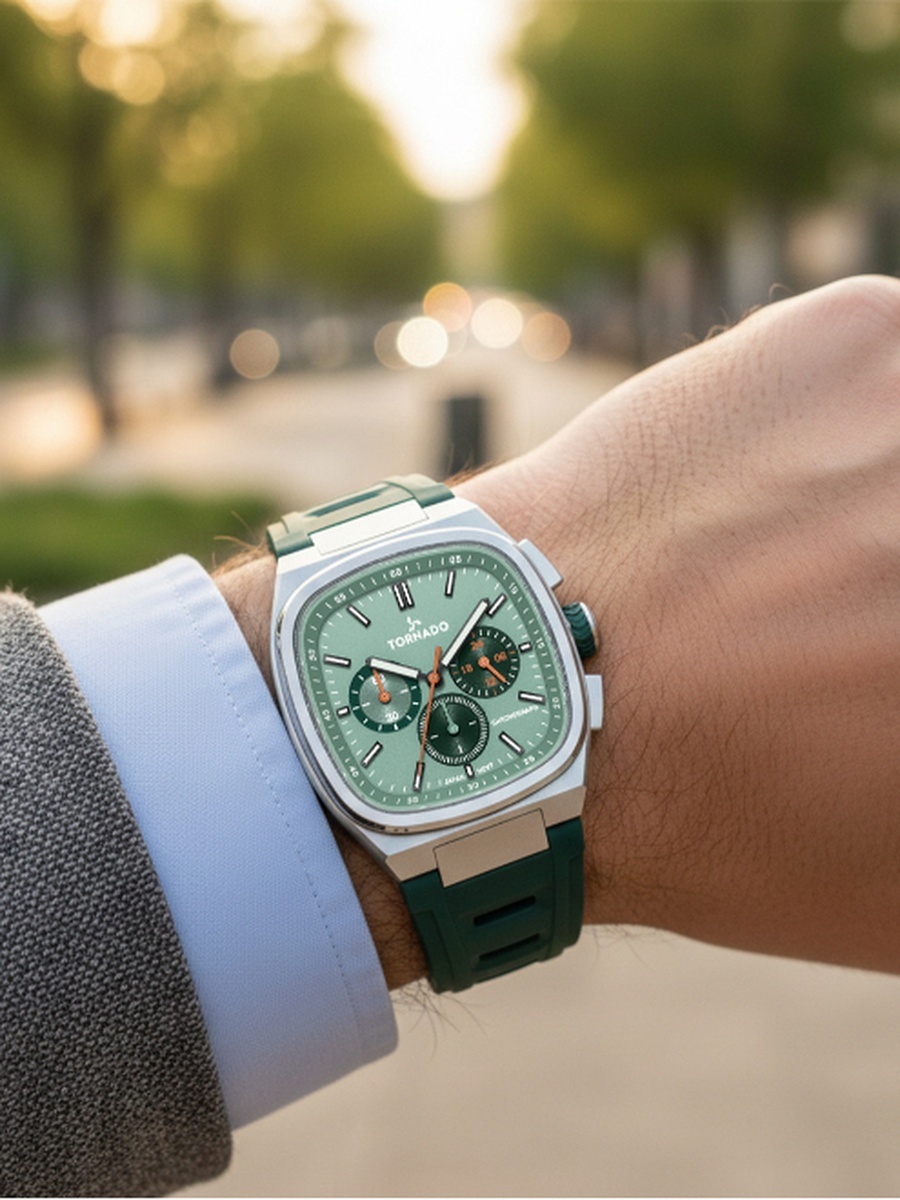 ARISTOCRATE Men Seiko VD54 Movement Watch with Chronograph Display and Rubber Strap - T26102-SRGG, Green