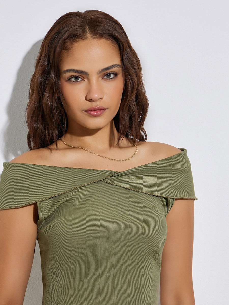Green Ribbed Off Shoulder Knit Top