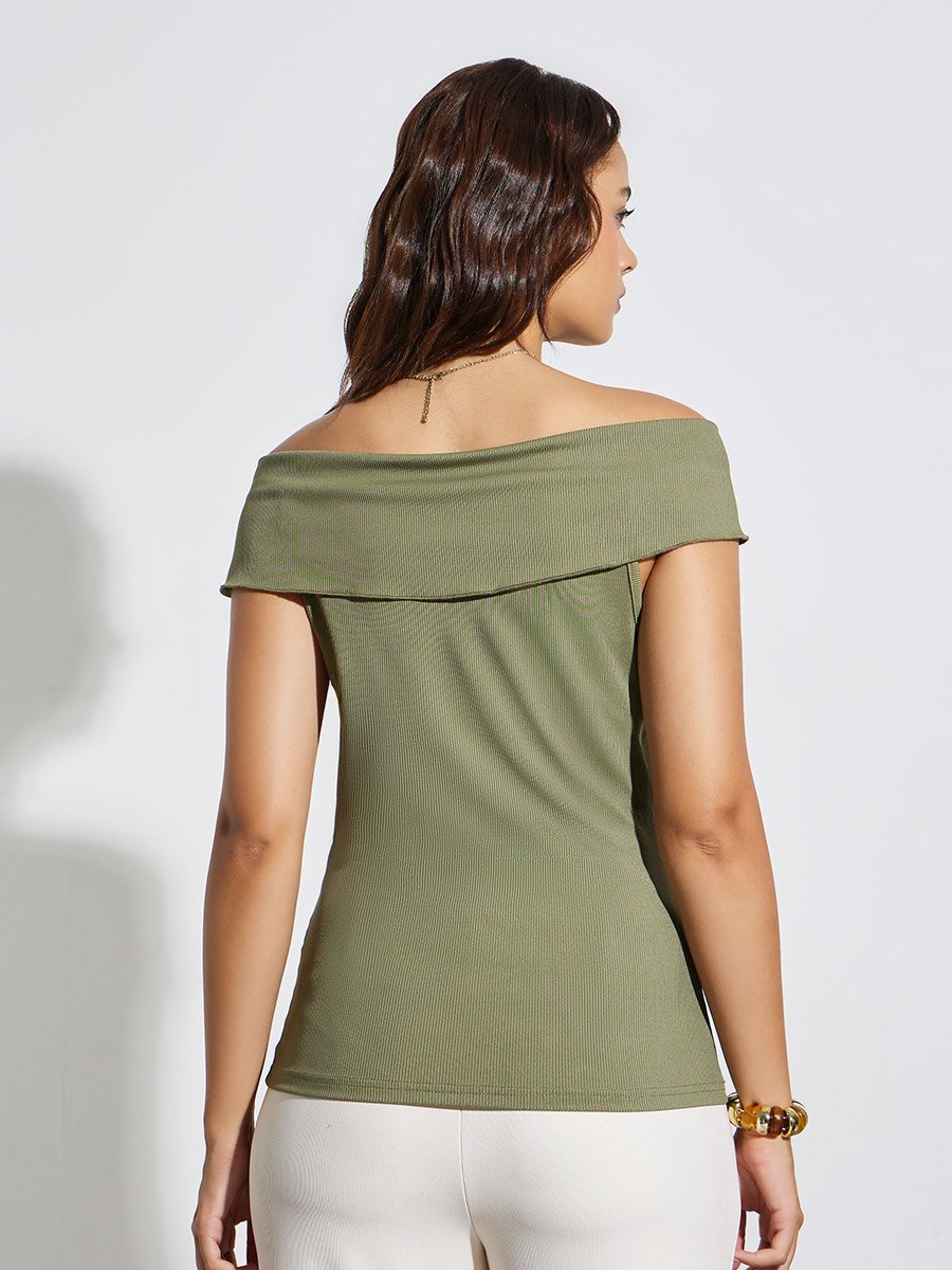 Green Ribbed Off Shoulder Knit Top