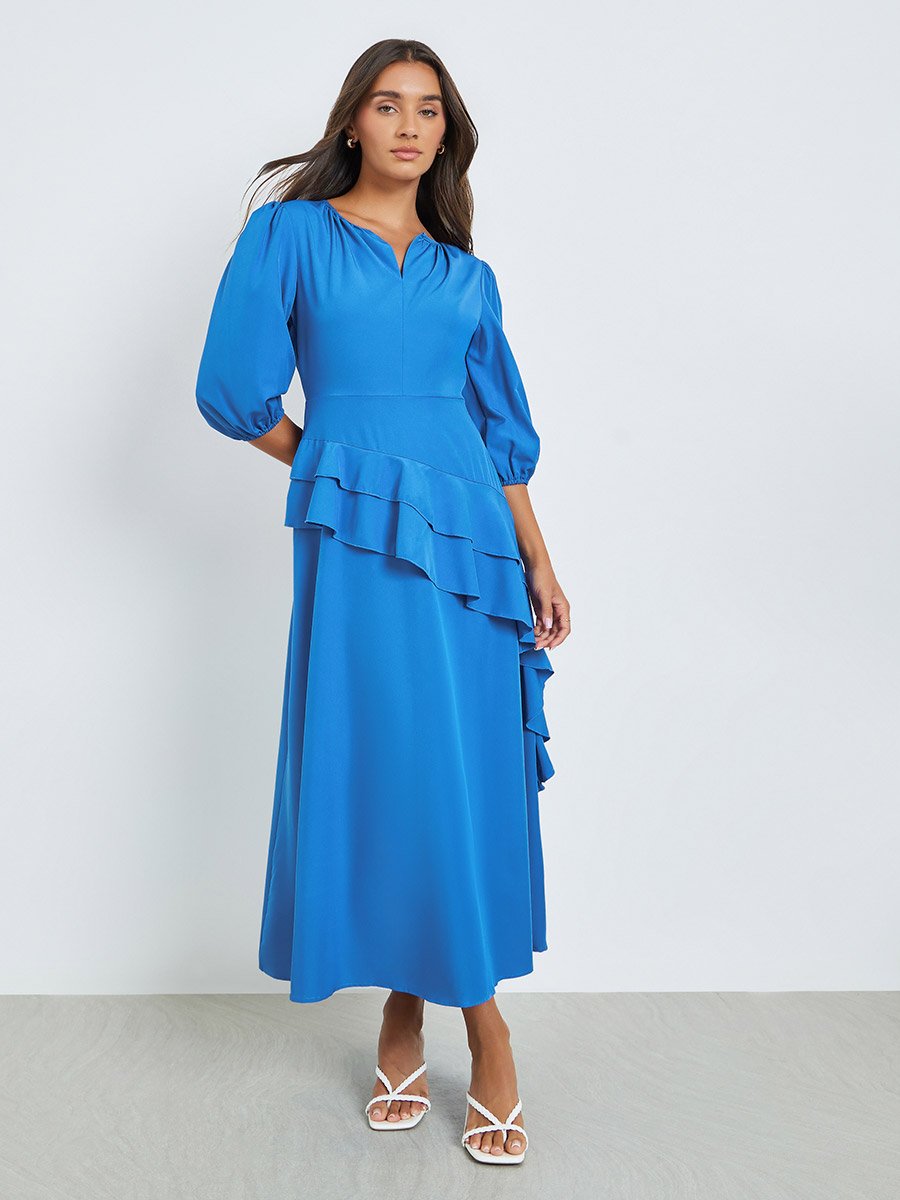 Blue Ruffle Detail Midi Dress with Notch Neck