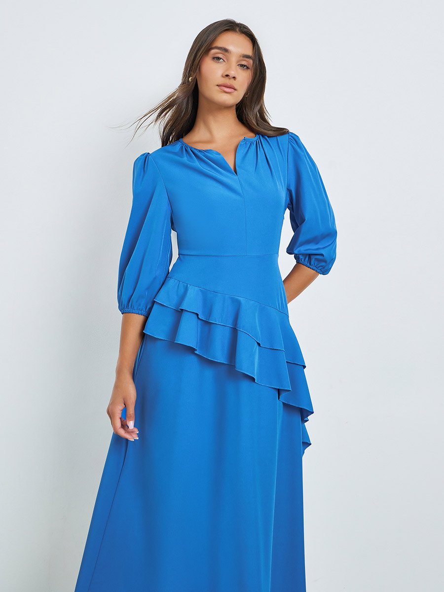Blue Ruffle Detail Midi Dress with Notch Neck