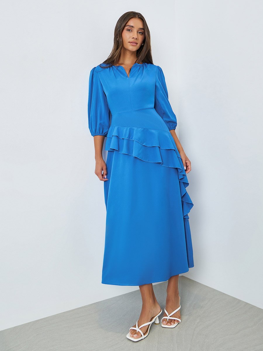 Blue Ruffle Detail Midi Dress with Notch Neck