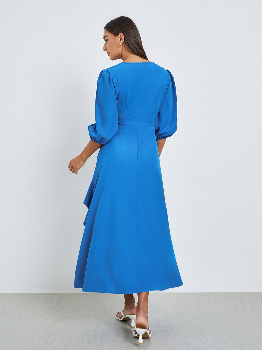 Blue Ruffle Detail Midi Dress with Notch Neck