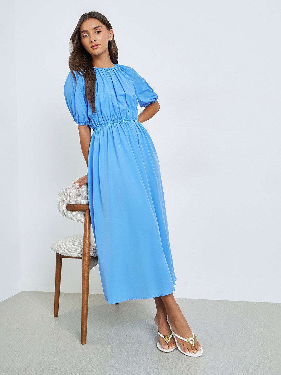 Blue Solid Midi Dress with Short Sleeves