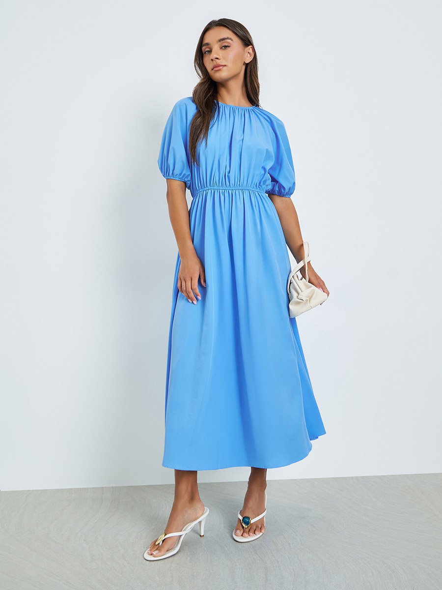 Blue Solid Midi Dress with Short Sleeves