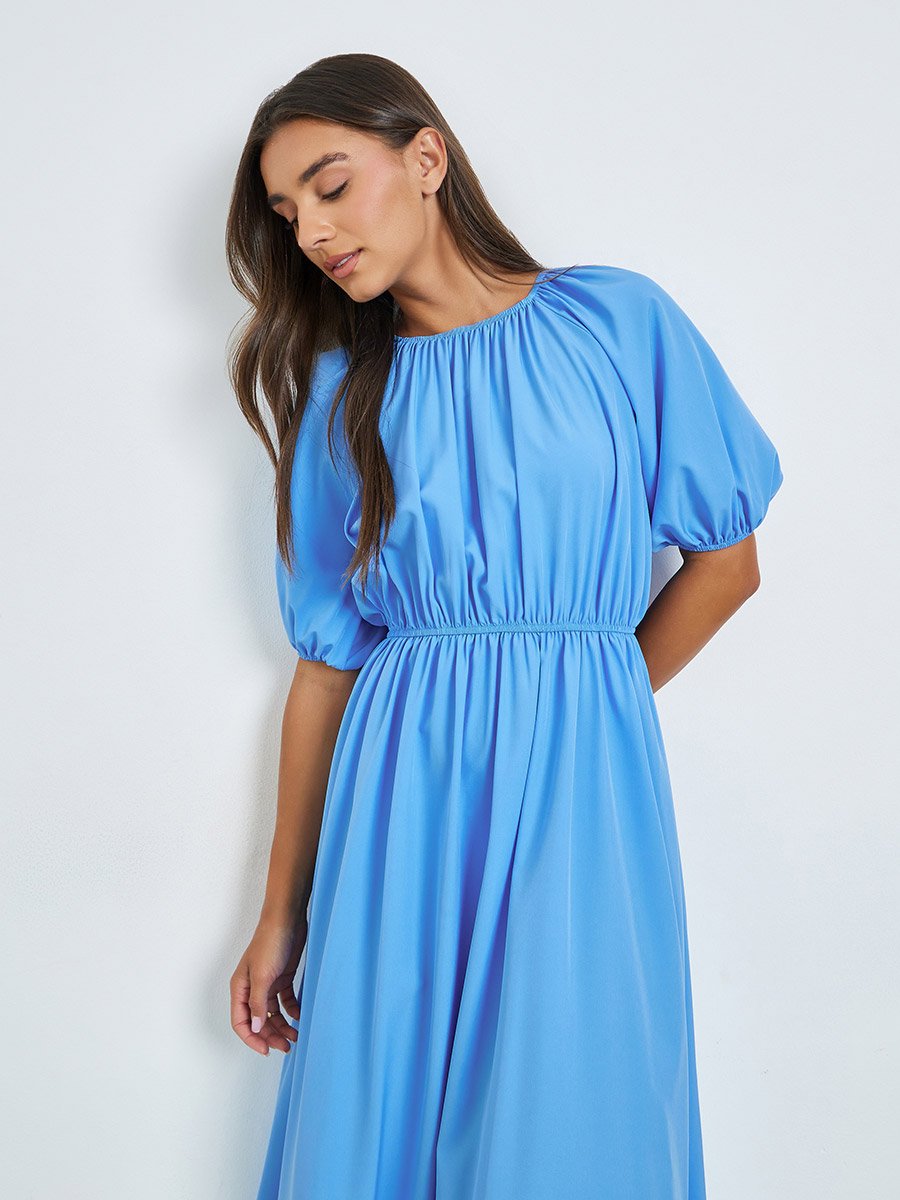 Blue Solid Midi Dress with Short Sleeves