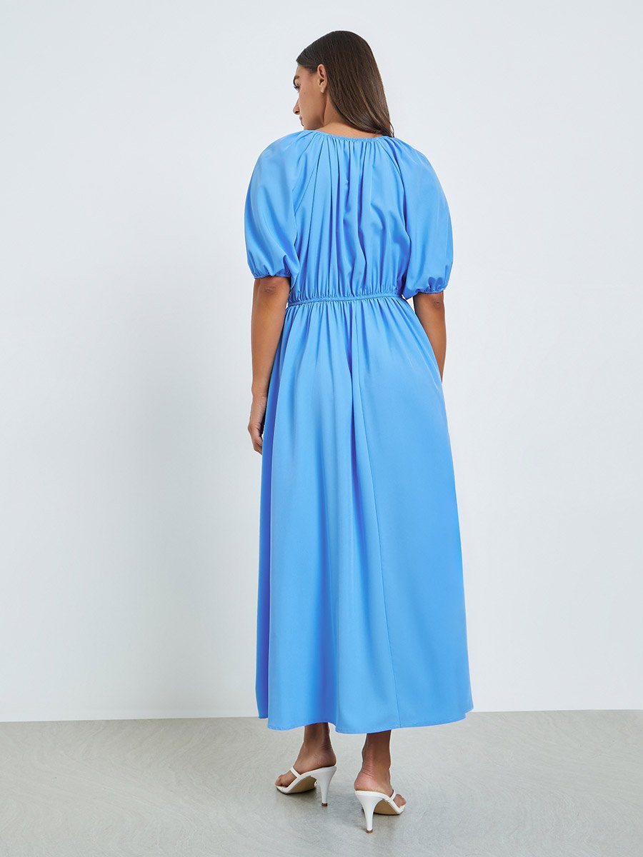 Blue Solid Midi Dress with Short Sleeves