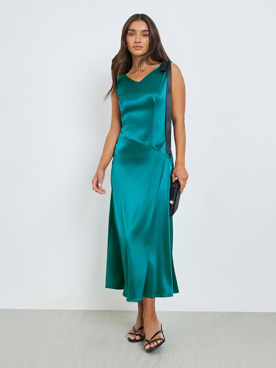 Green Satin V Neck A-Line Midi Dress