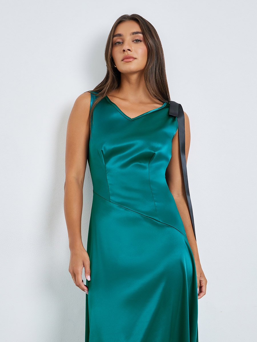 Green Satin V Neck A-Line Midi Dress