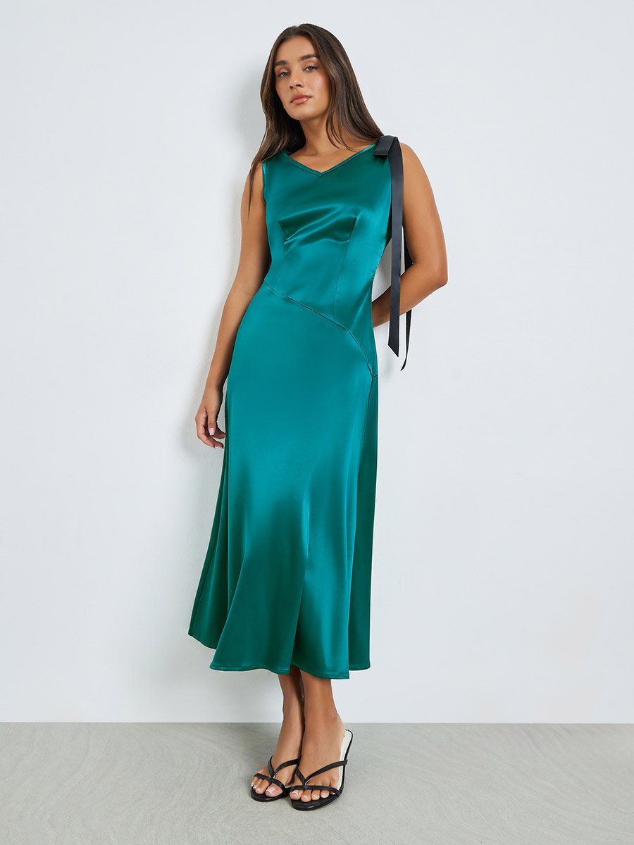 Green Satin V Neck A-Line Midi Dress