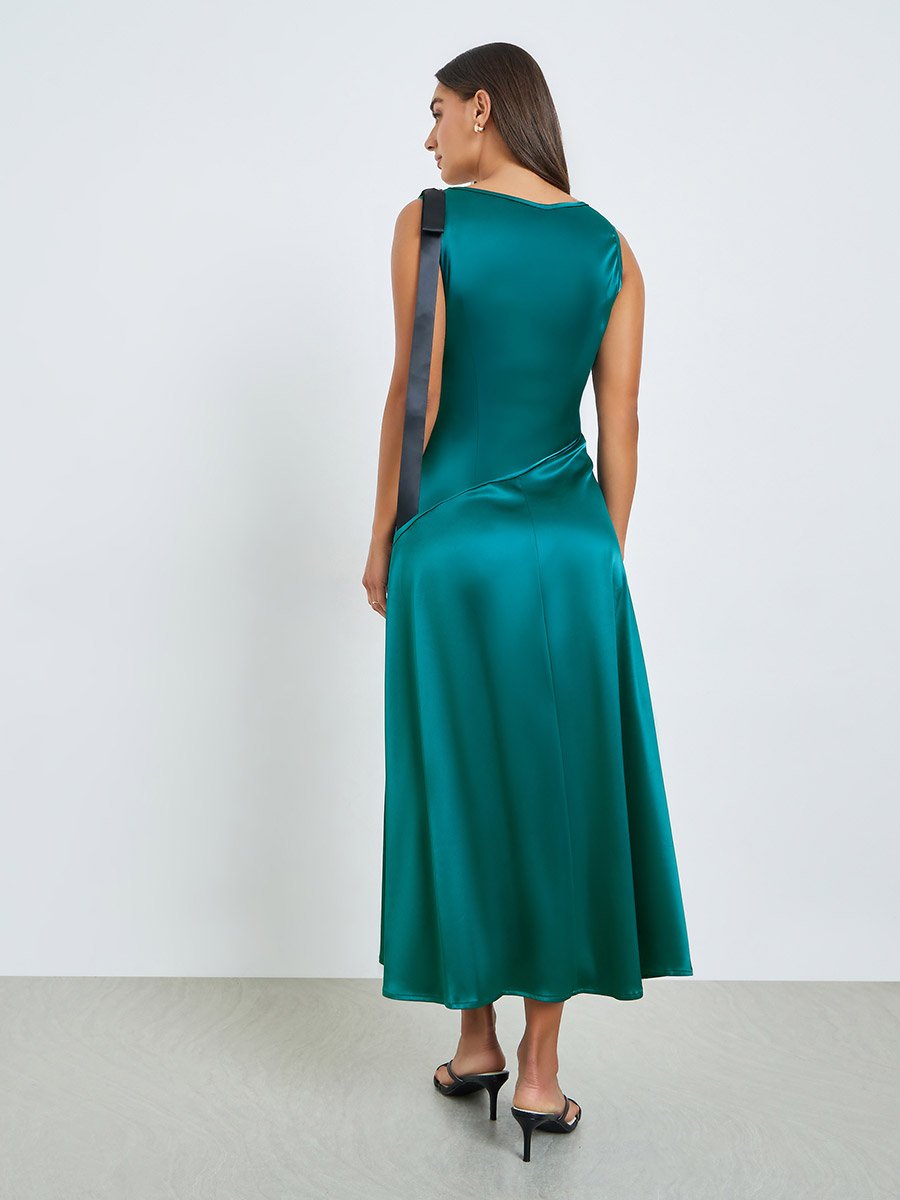 Green Satin V Neck A-Line Midi Dress