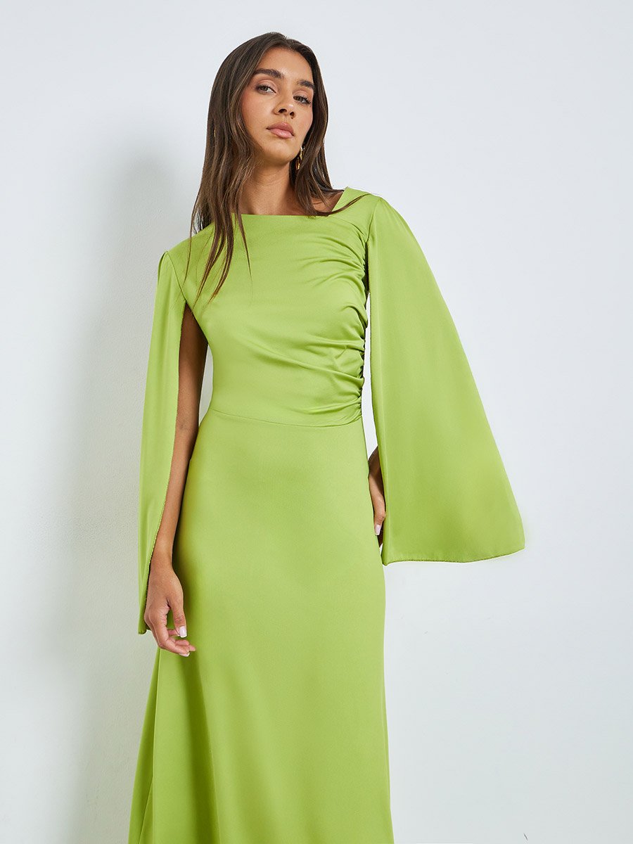 Green Asymmetric Neck Maxi Dress with Cape Sleeves