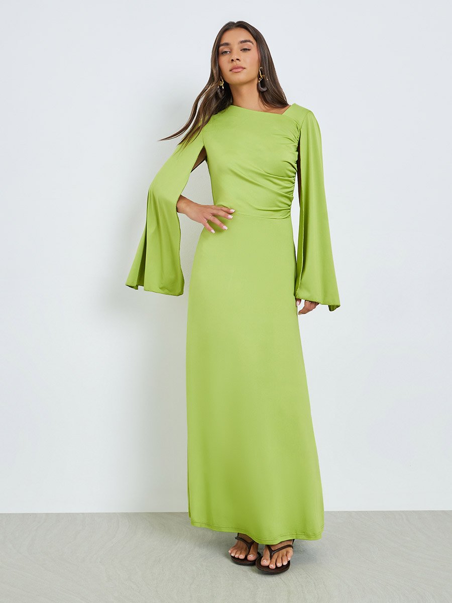 Green Asymmetric Neck Maxi Dress with Cape Sleeves