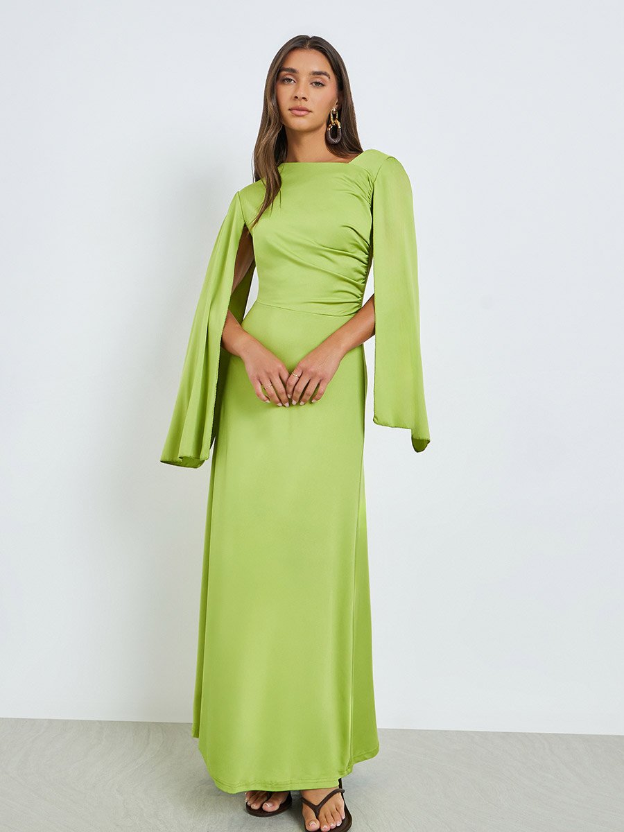 Green Asymmetric Neck Maxi Dress with Cape Sleeves
