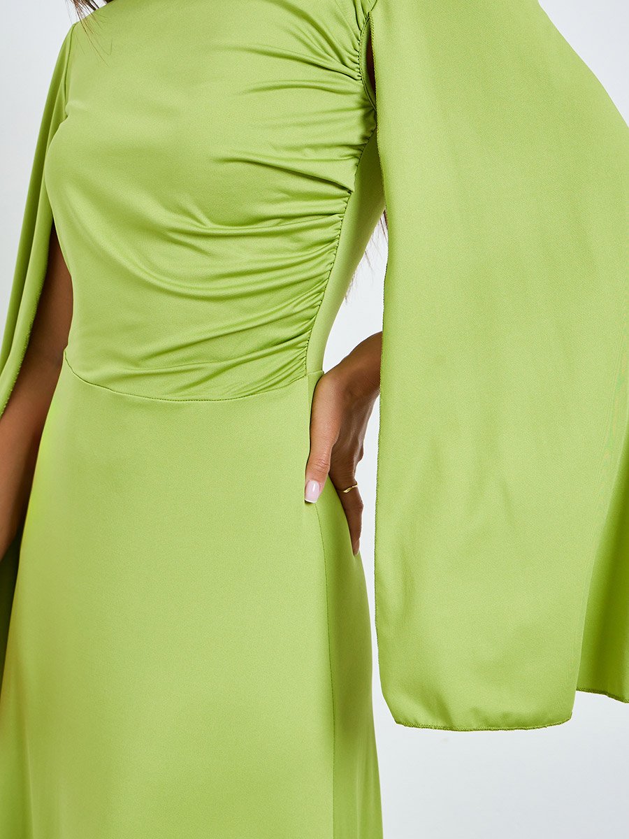 Green Asymmetric Neck Maxi Dress with Cape Sleeves