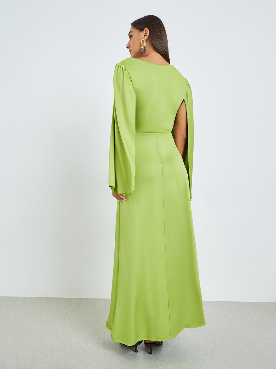 Green Asymmetric Neck Maxi Dress with Cape Sleeves