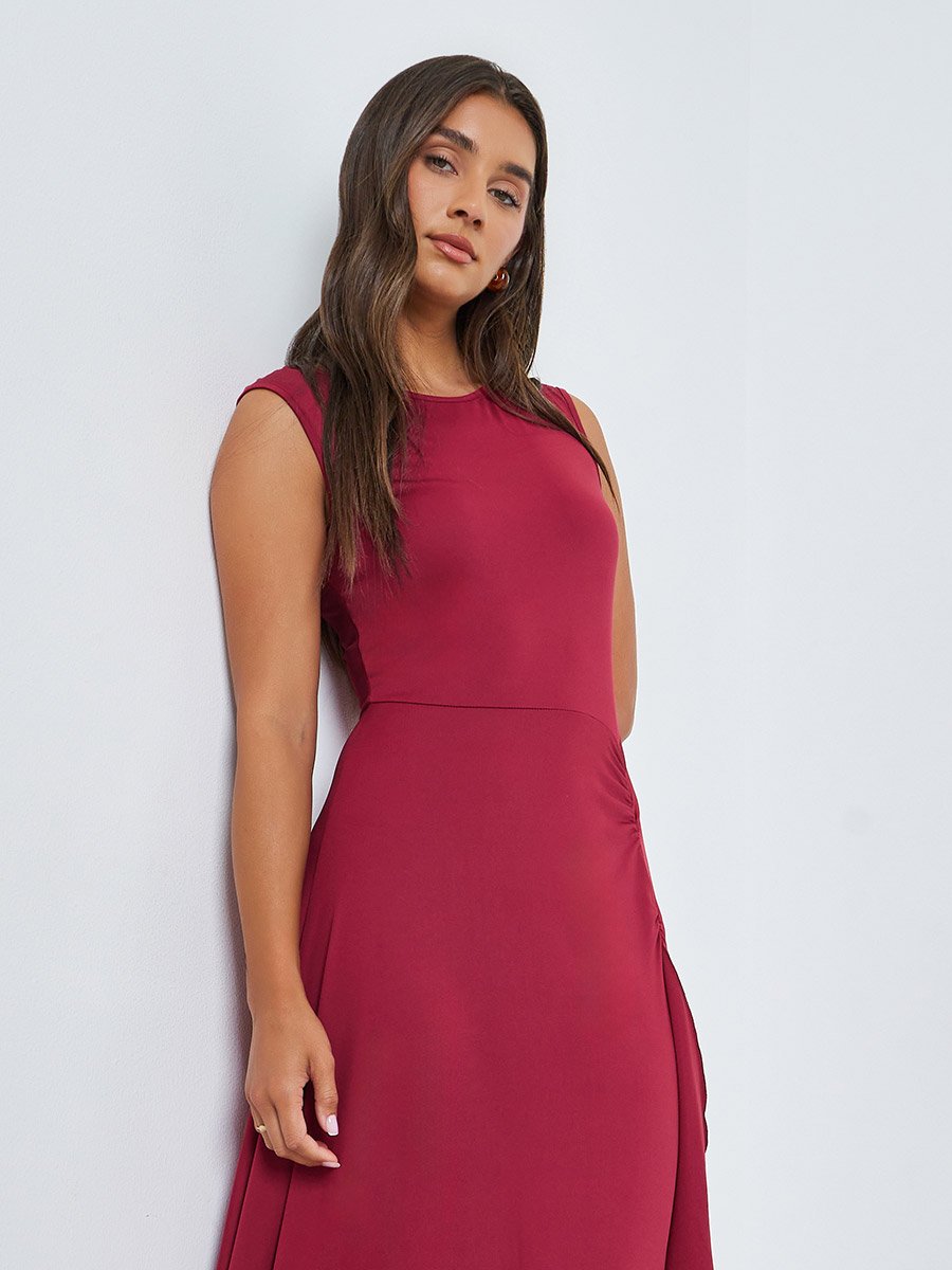 Burgundy Sleeveless Maxi Dress with Frill Panel