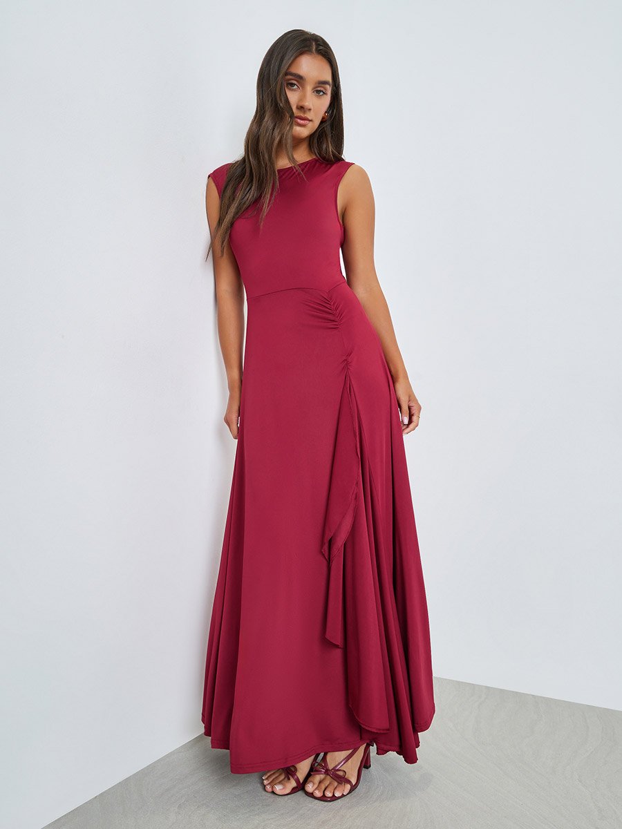 Burgundy Sleeveless Maxi Dress with Frill Panel