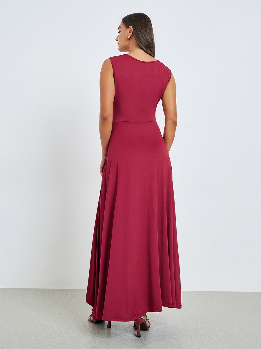 Burgundy Sleeveless Maxi Dress with Frill Panel