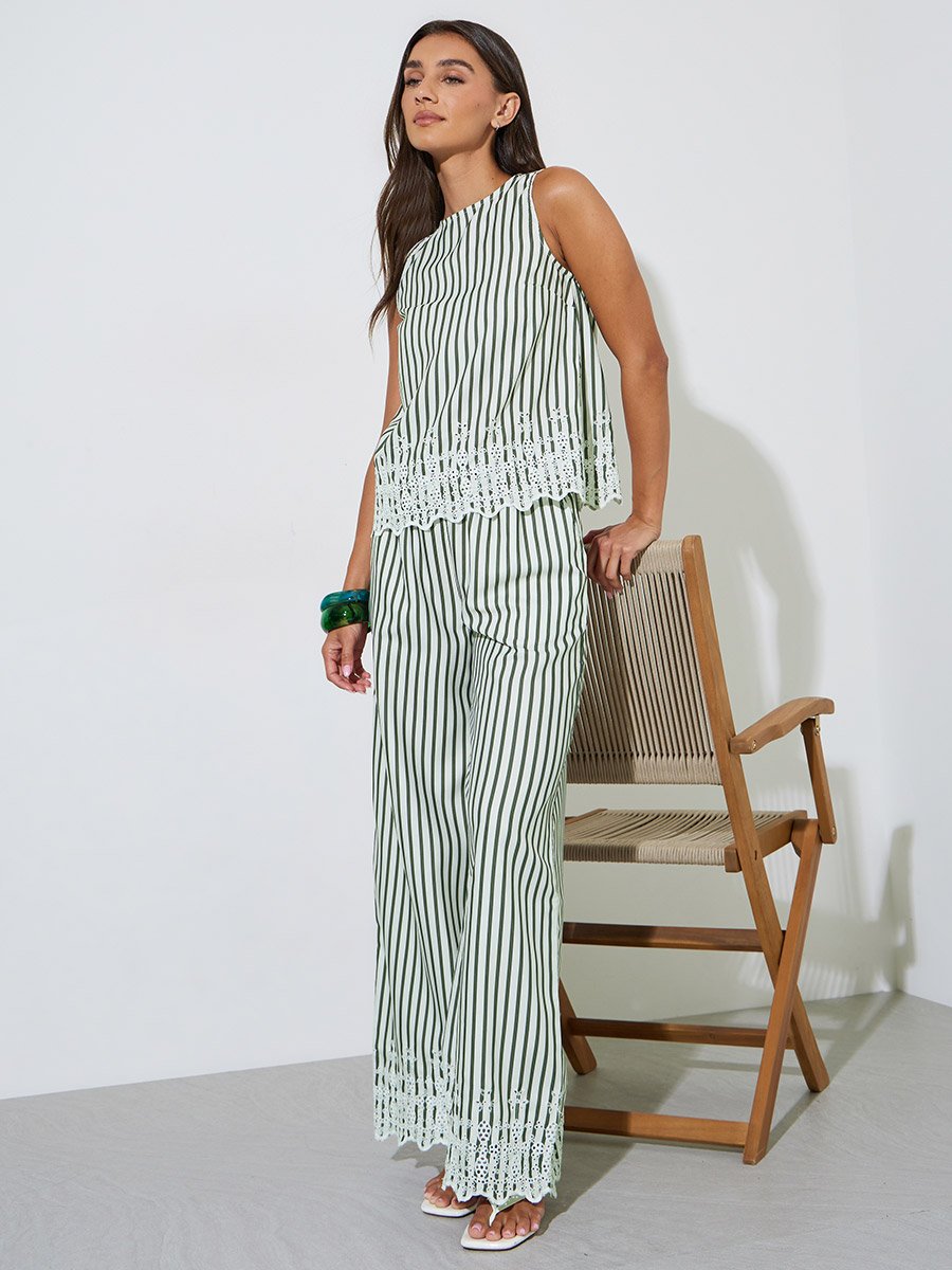 Multi-Color Striped Sleeveless Top and Wide Leg Trousers Set with Schiffli Trims