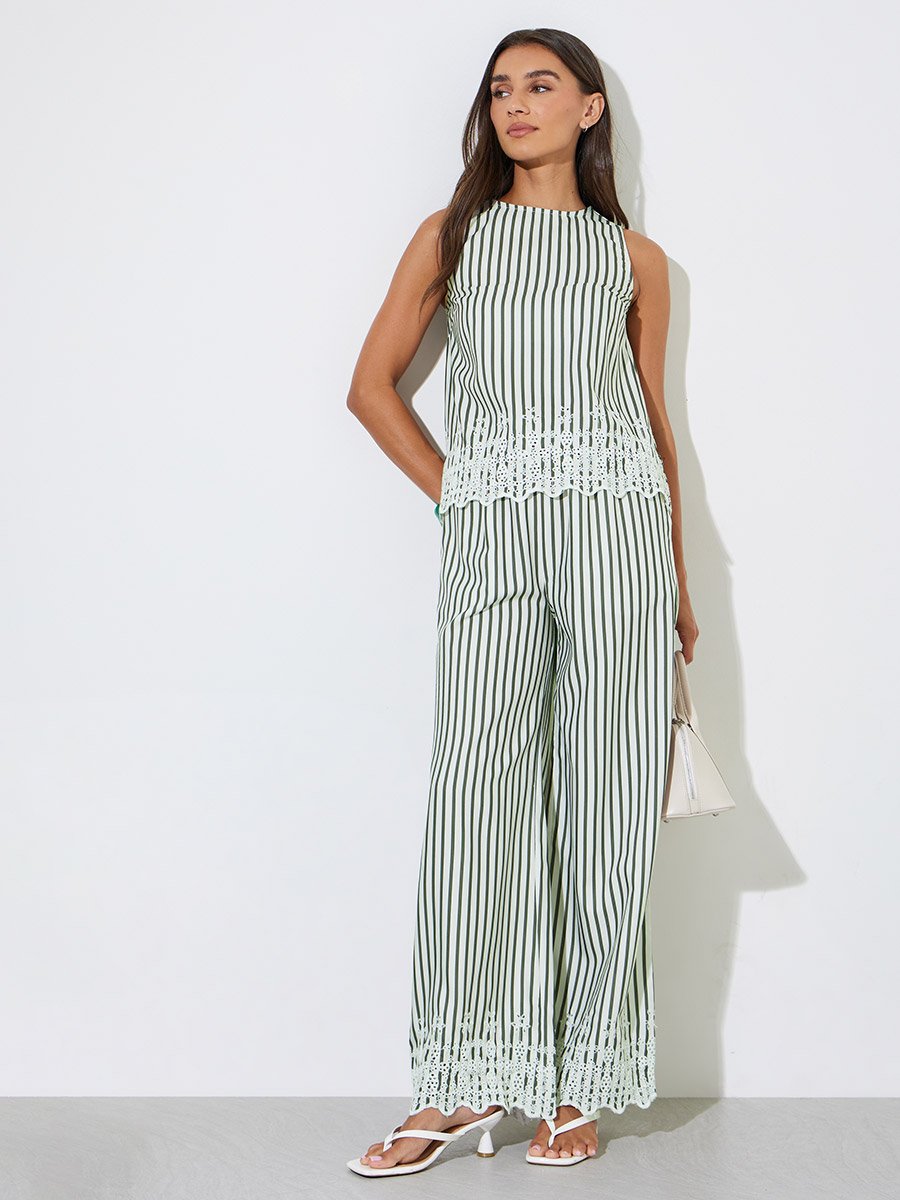 Multi-Color Striped Sleeveless Top and Wide Leg Trousers Set with Schiffli Trims