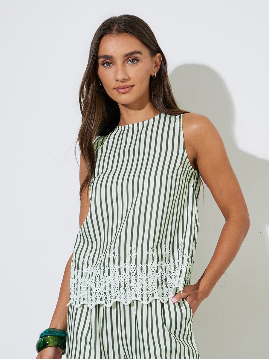 Multi-Color Striped Sleeveless Top and Wide Leg Trousers Set with Schiffli Trims