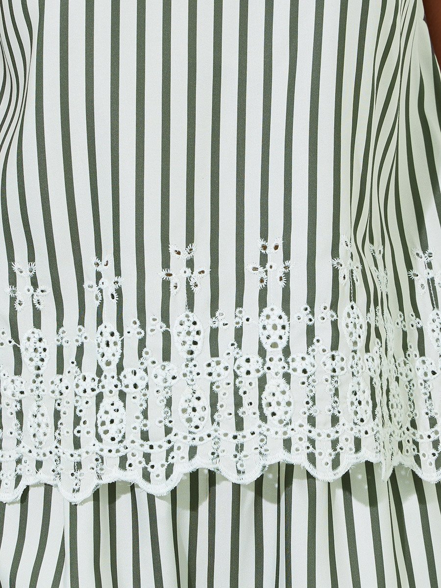 Multi-Color Striped Sleeveless Top and Wide Leg Trousers Set with Schiffli Trims