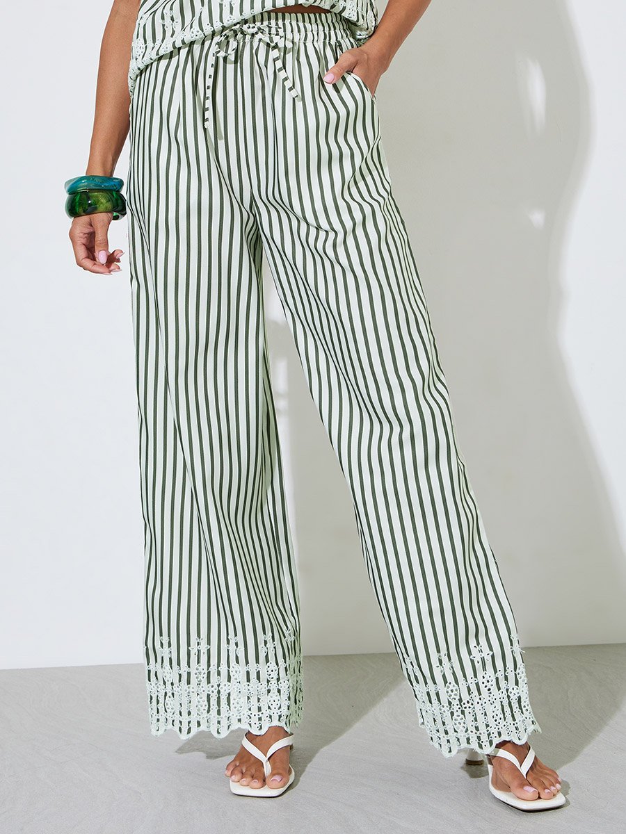 Multi-Color Striped Sleeveless Top and Wide Leg Trousers Set with Schiffli Trims