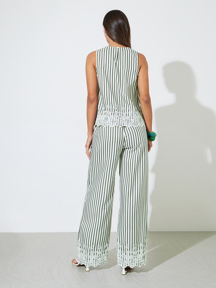 Multi-Color Striped Sleeveless Top and Wide Leg Trousers Set with Schiffli Trims