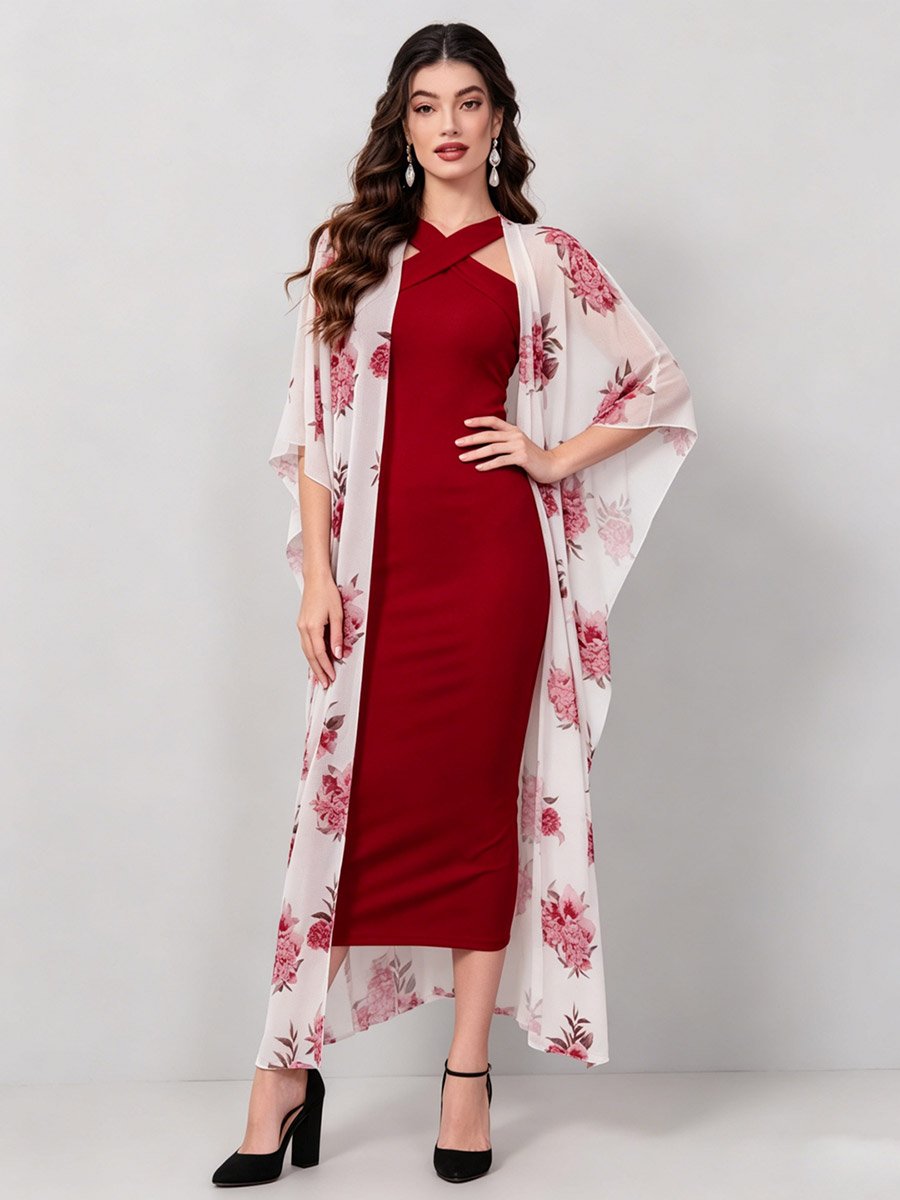 Black Halter Neck Maxi Dress and Printed Kimono Co-ord Set