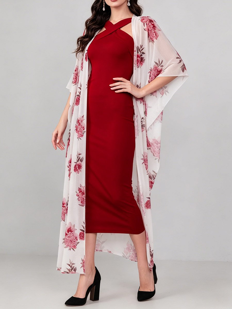 Black Halter Neck Maxi Dress and Printed Kimono Co-ord Set