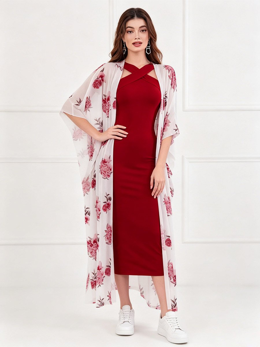 Black Halter Neck Maxi Dress and Printed Kimono Co-ord Set