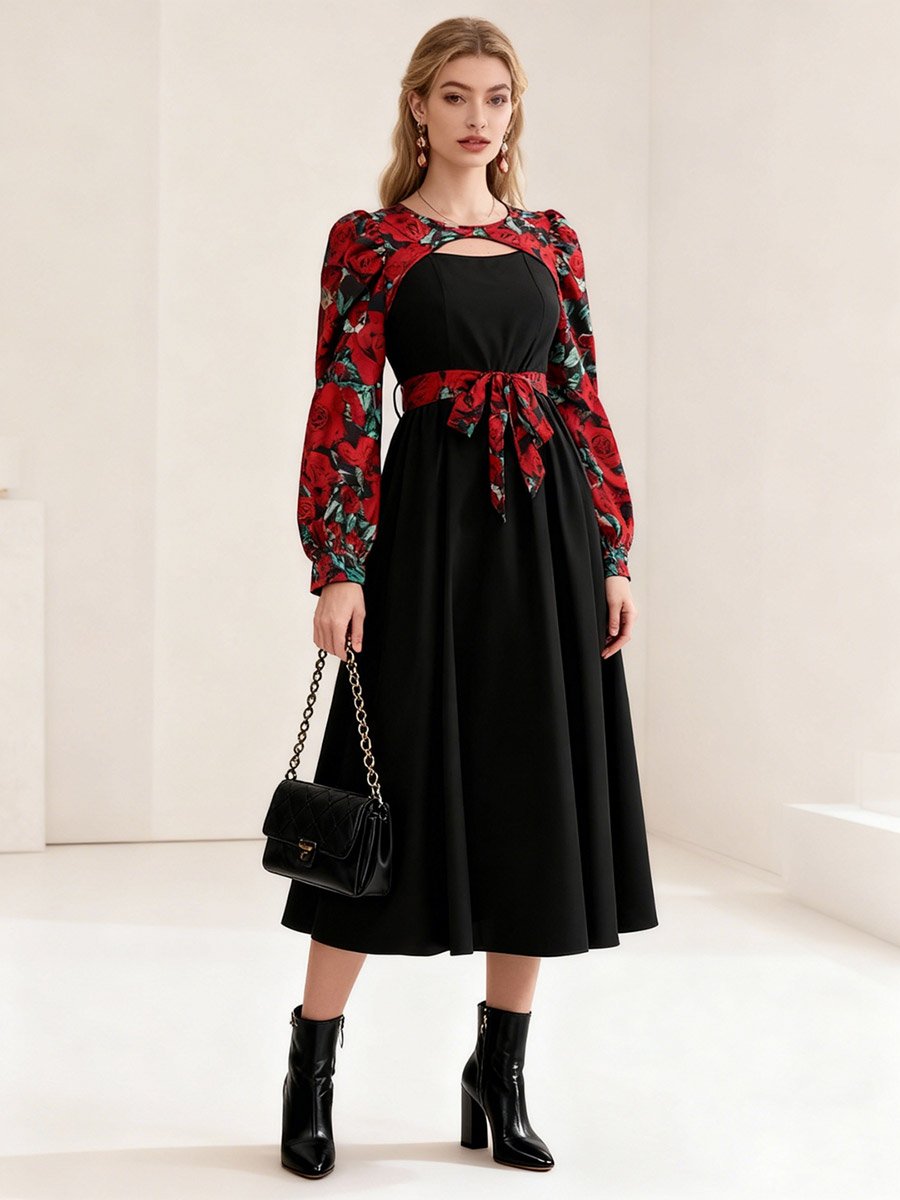 Black A-Line Midi Dress with Floral Tie-Belt