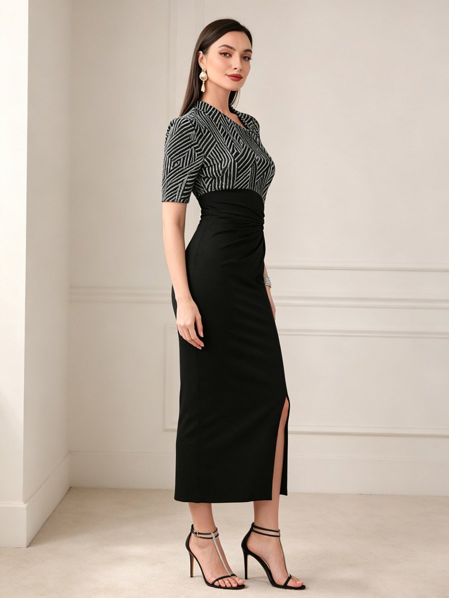 Black Geometric Print Bodycon Midi Dress