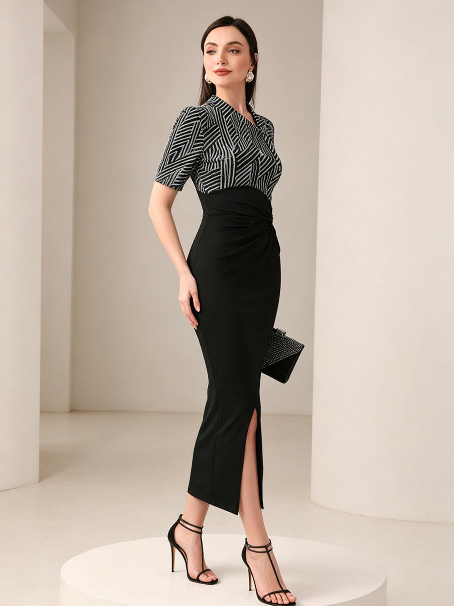 Black Geometric Print Bodycon Midi Dress