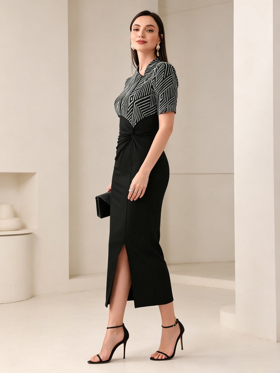 Black Geometric Print Bodycon Midi Dress