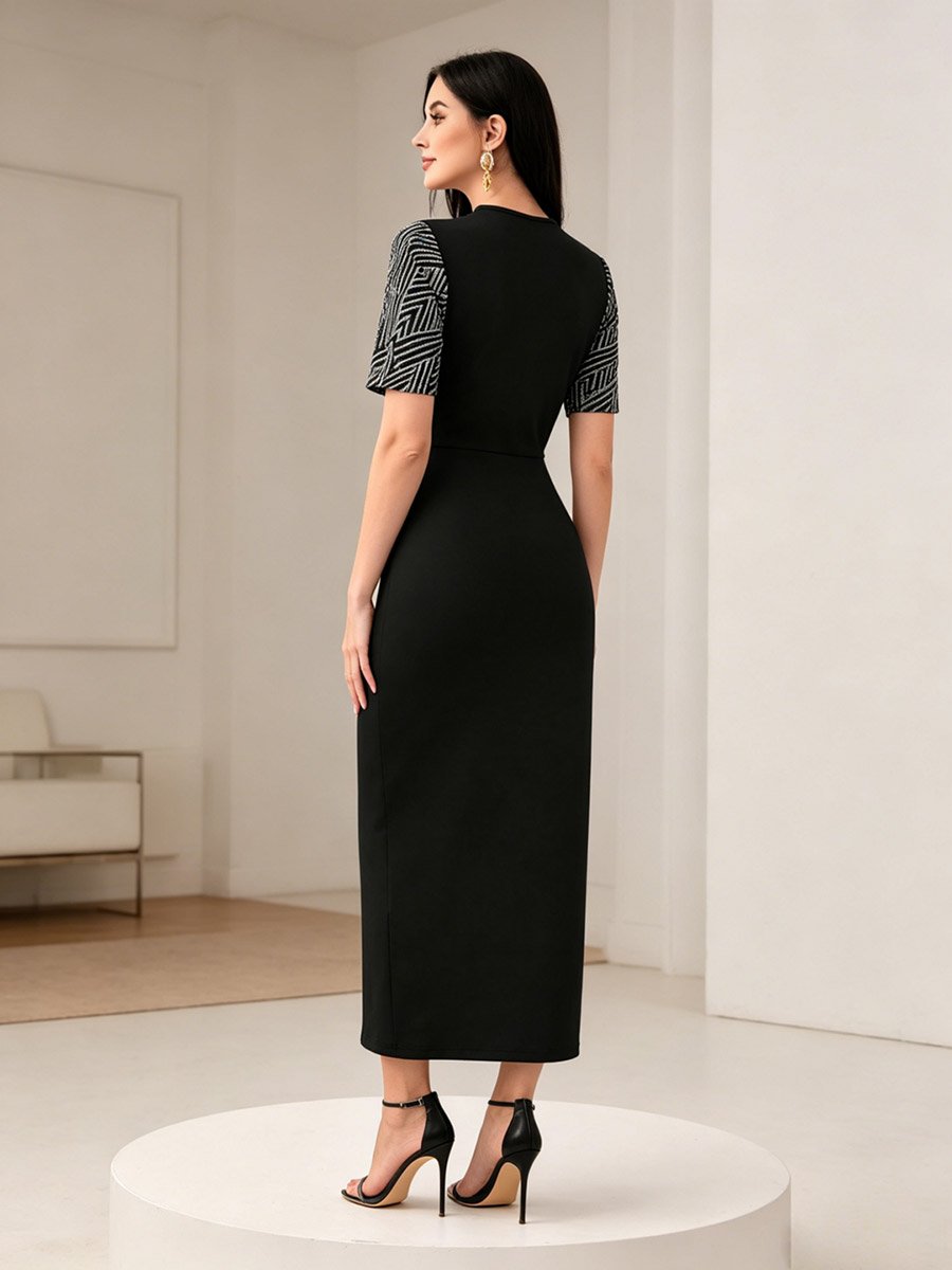 Black Geometric Print Bodycon Midi Dress