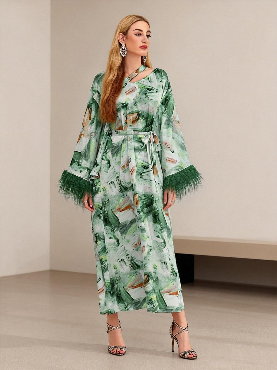 Green Printed Maxi Dress with Faux Feather Trim